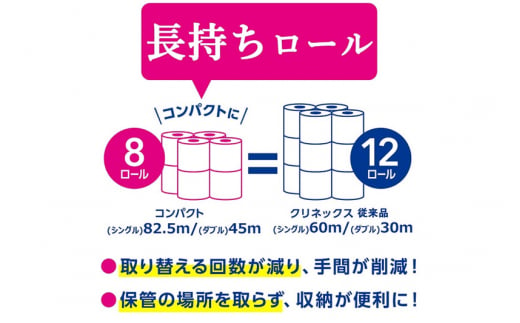 《4ヶ月ごとに3回お届け》定期便 トイレットペーパー クリネックス シングル 長持ち 8ロール×2パック 秋田市オリジナル【レビューキャンペーン中】