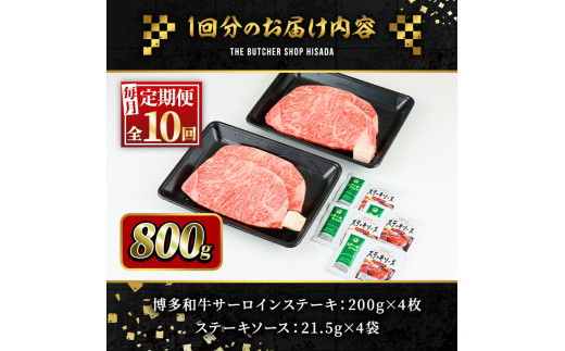 ＜定期便・全10回(連続)＞博多和牛サーロインステーキ(総量40枚・8kg・約200g×4枚 ×10回) ステーキ 牛肉 黒毛和牛 国産 ＜離島配送不可＞【ksg0862】【久田精肉店】