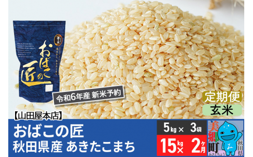 【玄米】＜令和6年産 新米予約＞《定期便2ヶ月》おばこの匠 秋田県産あきたこまち 15kg×2回 計30kg 2か月 2ヵ月 2カ月 2ケ月 秋田こまち お米