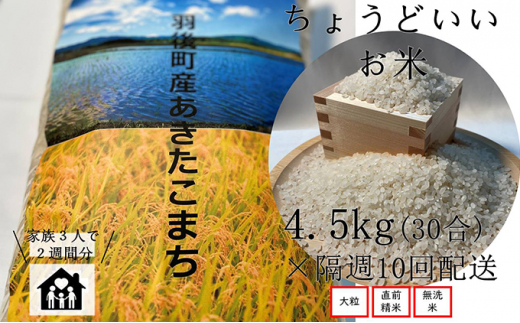 ちょうどいい量のお米 定期便 ◎ あきたこまち 無洗米（4.5kg×隔週10回）