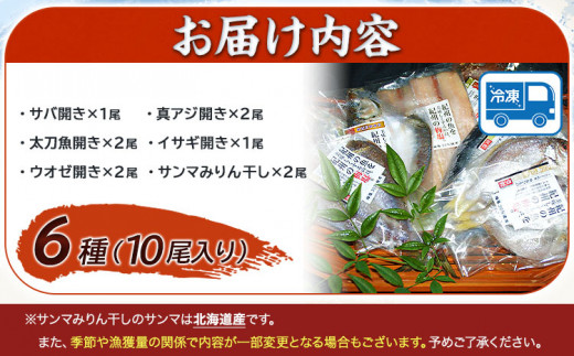 新鮮魚の梅塩干物と湯浅醤油みりん干し6品種10尾入りの詰め合わせ(和歌山近海産の新鮮魚使用) 日高町厳選館《90日以内に出荷予定(土日祝除く)》和歌山県 日高町 魚 さかな 干物 6種 10尾 さば 真あじ 太刀魚 いさぎ うおぜ さんま みりん干し 梅塩 湯浅醤油 送料無料