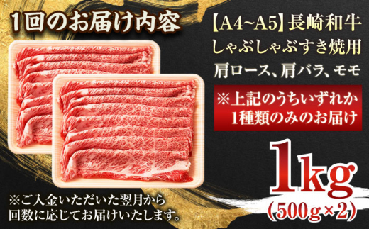 【全6回定期便】【A4～A5】長崎和牛しゃぶしゃぶすき焼き用（肩ロース肉・肩バラ・モモ肉）1kg(500g×2p)【株式会社 MEAT PLUS】 [QBS064]