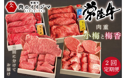 お中元 【定期便／全2回】 ギフト プレゼント 内祝い お礼 すき焼き 牛肉 焼肉 焼き肉 セット 高級 しゃぶしゃぶ ステーキ 常陸牛 和牛 黒毛和牛 誕生日プレゼント常陸牛A5肉重～小梅と梅香～〈重箱入り〉 ギフト対応 【肉のイイジマ】（DU-72）