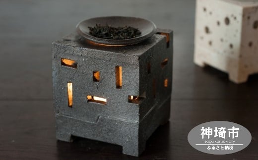 茶香炉 黒 【手作り 陶器 インテリア お茶 癒し キューブ 四角 贈り物】(H038120)