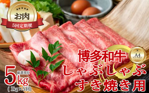 【お肉定期便】【厳選部位】【しゃぶしゃぶすき焼き用】大容量！博多和牛サーロイン5回定期便（1kg×5回）計5kg[F0101T5]