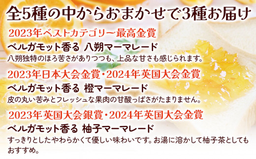 マーマレード食べ比べセット(八朔・橙・柚子・甘夏・甘夏 純米の5種からおまかせで3種をお届け)  オレンジジャム フルーツジャム 手作り パン ジャム 大分県産 九州産 中津市