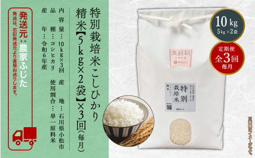 コメ お米 コシヒカリ【定期便】農家ふじた 特別栽培米 こしひかり 精米 10kg(5kg×2袋)×3回（毎月） 