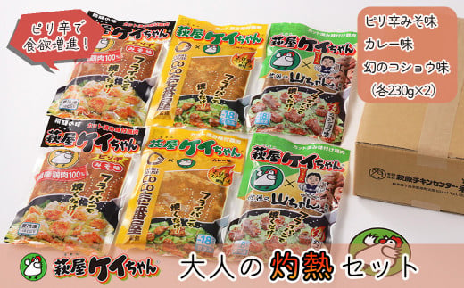 萩屋ケイちゃん 大人の灼熱セット　ピリ辛みそ味・カレー味・幻のコショウ味（各230g×2）計6パック 冷凍配送 けいちゃん 鶏ちゃん 萩原チキンセンター けーちゃん ケーちゃん