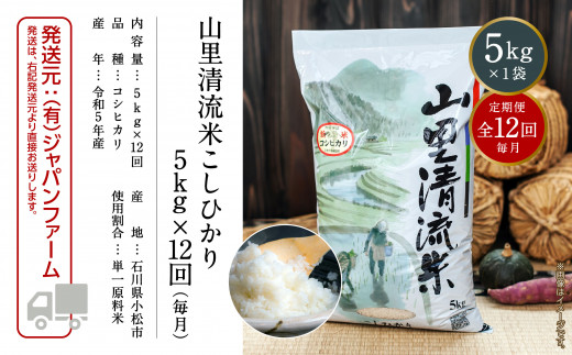 【定期便】山里清流米こしひかり 5kg×12回（毎月） 