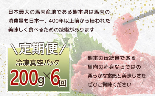 【定期便6回】赤身 馬刺し ブロック 計1.2Kg (100g×2)×6回 冷凍真空パック【 熊本県 多良木町 たらぎ 馬肉 馬刺し 冷凍 真空 熊本肥育 】 041-0142