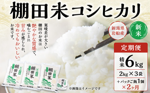 【新米受付・令和6年産米】【定期便：2ヶ月連続でお届け】新潟県岩船産 棚田米コシヒカリ 6kg（2kg×3袋）+パックごはん(150ｇ×1個) ×2ヶ月 NB4122 毎月 新米予約 お米 白米 こしひかり 精米 村上市