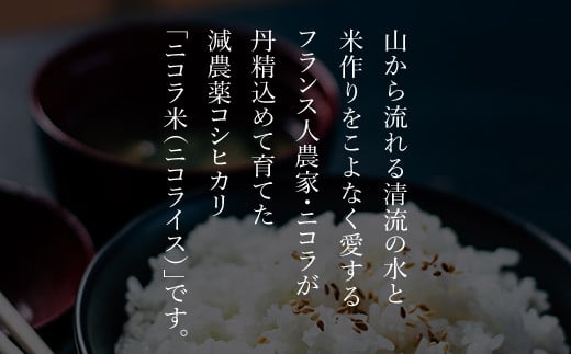 フランス人農家が丹精込めて育てた減農薬コシヒカリ　二コラ米（二コライス）【令和6年産新米】　精米5kg ふるさと納税 減農薬コシヒカリ  こめ コメ 精米 清流の水  ふっくら もちもち 水きれい 京都府 福知山市 京都 福知山 奥京都