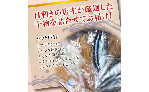 塩崎商店のイチオシ干物 5種セット 創業80年！地元で愛される人気の干物 Jセット （アジ開き×2枚、サンマ開き×2枚、カマス開き×2枚、タチウオみりん干し100g、イラギみりん干し100g) ひもの【sio113A】