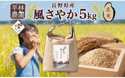 無地熨斗 令和6年産 風さやか 玄米 5kg×1袋 長野県産 米 お米 ごはん ライス 低GI 甘み 農家直送 産直 信州 人気 ギフト 平林農園 熨斗 のし 名入れ不可 送料無料 長野県 大町市