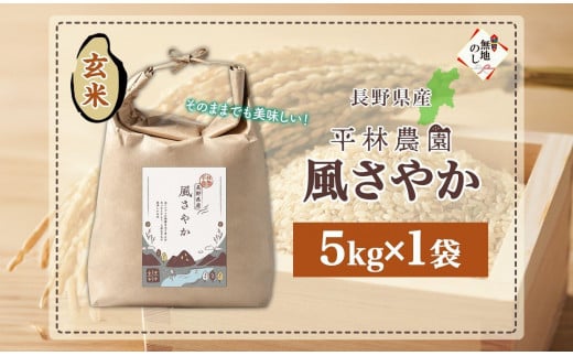 無地熨斗 令和6年産 風さやか 玄米 5kg×1袋 長野県産 米 お米 ごはん ライス 低GI 甘み 農家直送 産直 信州 人気 ギフト 平林農園 熨斗 のし 名入れ不可 送料無料 長野県 大町市