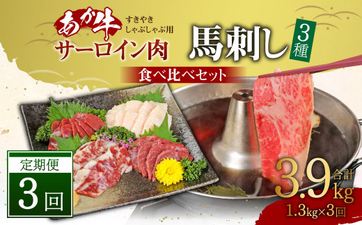 【定期便3ヶ月】あか牛すきやき・しゃぶしゃぶ用サーロイン肉1kg 馬刺し300g(赤身100g霜降り100gたてがみ100g)