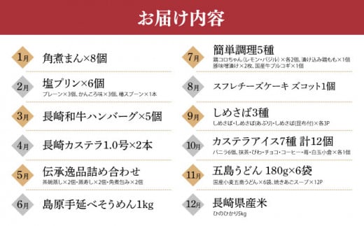 【全12回定期便】人気の返礼品集めました！長崎オールスター定期便A 長崎県 [42ZZZZ001]　定期便 長崎 和牛 肉 牛 豚 角煮まん ハンバーグ プリン カステラ 角煮 吉宗 そうめん チーズケーキ しめさば カステラアイス うどん 五島うどん 米 定期 コース スイーツ 海鮮 あとから 届く 小分け