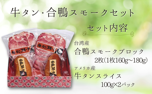 【牛タン・合鴨スモークセット】  合鴨 牛タン 燻製 スモーク 但馬は燻製作りに適した環境 保存料、着色料を未使用 ブレンドチップ製法と本物の炭火を使った独自の技法 酒、ビールのおつまみ 母の日、父の日、還暦祝いなどのギフトや贈り物にぜひご利用ください 兵庫県 香美町 生活工房 香味煙 22000円 14-06　