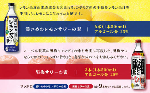 サッポロ 濃いめの レモンサワー の素 6本／ 男梅サワー の素 3本 合計9本 セット（1本500ml） お酒 サワー レモン 檸檬 梅味 男梅 原液 洋酒 リキュール類