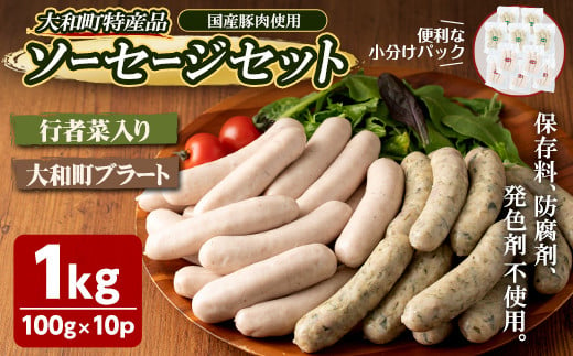 国産豚肉使用！大和町特産品ソーセージのセット(100g×10パック) 行者菜入り 大和ブラート 手作り あらびき 粗挽き 細挽き 肉 加工品 小分け 食べ比べ 冷蔵 おつまみ BBQ バーベキュー【有限会社コブレンツ】ta296