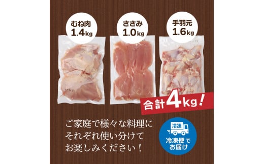 山梨県産＜健味鶏＞むね肉、ささみ、手羽元　合計４kgセット