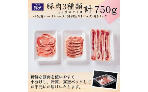 湖西市産ブランド豚「ふじのくに夢ハーブ豚」3種類(5ミリスライス)750g(250g×3)真空・冷凍【1495380】