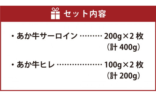 あか牛 サーロイン・ヒレステーキ 600g サーロイン 200g×2枚 ヒレ 100g×2枚	