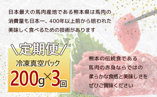 【定期便3回】赤身 馬刺し ブロック 計600g (100g×2)×3回 冷凍真空パック【 熊本県 多良木町 たらぎ 馬肉 馬刺し 冷凍 真空 熊本肥育 】 041-0141