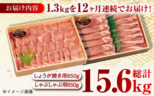 【月1回約1.3kg×12回定期便】大西海SPF豚 背ロース しょうが焼き用＆しゃぶしゃぶ用 計15.6kg 長崎県/長崎県農協直販 [42ZZAA087] 肉 豚 ぶた ブタ ロース しょうが焼き 生姜焼き しゃぶしゃぶ 小分け 長崎 九州 定期便