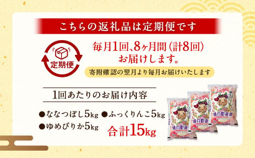 【8回定期便】 お米8ヶ月食べくらべセット 《浦臼産ななつぼし ふっくりんこ ゆめぴりか 各5kg（計15kg）》