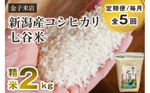 【令和6年産新米】【定期便5ヶ月毎月お届け】老舗米穀店が厳選 新潟産 従来品種コシヒカリ「七谷米」精米2kg 白米 窒素ガス充填パックで鮮度長持ち 金子米店 定期便