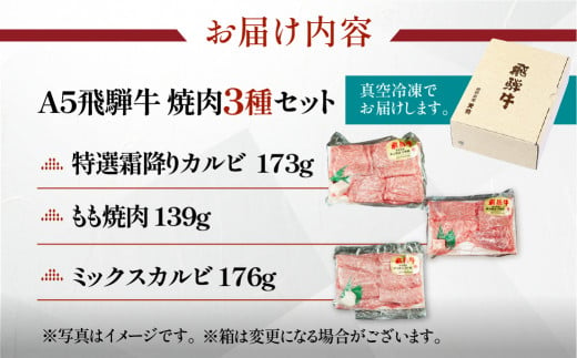 飛騨牛A5 食べ比べ3種セット（特選霜降りカルビ  173g・もも焼肉 139g・ミックスカルビ176g）【冷凍 真空】牛肉 霜降り しもふり モモ 赤身 カルビ 焼肉  牛 天狗