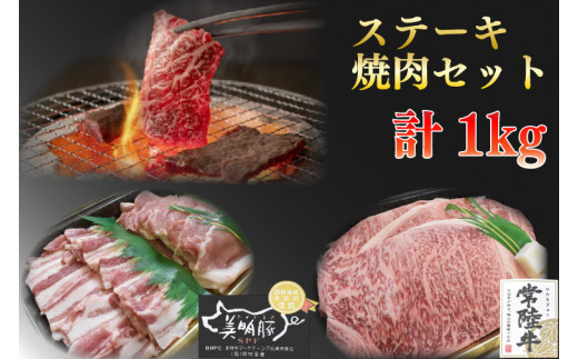 EK-35【常陸牛A5ランク・美明豚ステーキ焼肉セット】常陸牛サーロイン600ｇ（300ｇ×２枚）＋美明豚400ｇ（ロース200ｇ・ばら200ｇ）