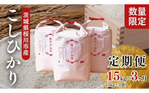 《3ヶ月定期便》 【生産者支援】 《令和5年産》茨城県桜川市産こしひかり 15kg（ 5kg × 3袋 ）× 3回 茨城県産 桜川 米 お米 白米 コメ ごはん 精米 コシヒカリ 国産 限定 [SC035sa]