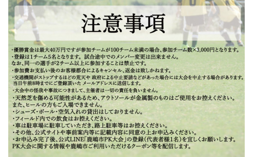 第１回鹿嶋市ＰＫ大会　参加券 【早割】【サッカー イベント アクティビティ お得 チーム トーナメント 茨城県 スポーツ】（KDE-1）