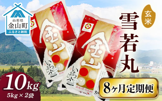 令和6年産 金山産米 雪若丸【玄米】（5kg×2袋）×8ヶ月 定期便 計80kg 8ヶ月 米 お米 ご飯 玄米 ブランド米 送料無料 東北 山形 金山町 F4B-0547