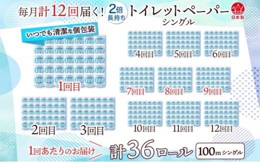 [№5308-0295]定期便 12ヶ月 連続12回 トイレットペーパー 100ｍ シングル 36ロール 青ラベル 紙 ペーパー 日用品 消耗品 リサイクル 再生紙 無香料 厚手 ソフト 長尺 長巻きトイレ用品 備蓄 ストック 非常用 生活応援 川一製紙 送料無料 岐阜県