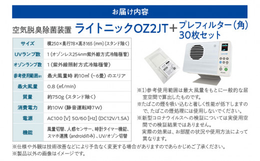 空気脱臭除菌装置「ライトニックOZ2JT」プレフィルター（角）30枚セットUV 紫外線 脱臭 除菌 ペット ホコリ 空気 浄化 ウイルス 対策 福岡 志免