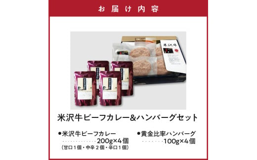 米沢牛 ビーフカレー 200g×4個 ＆ ハンバーグ 100g×4個 セット 牛肉 和牛 ブランド牛 ( 甘口 1個 中辛 2個 辛口 1個) ハンバーグ (100g×4個) 生ハンバーグ ハンバーグステーキ 個包装 真空包装 詰合せ 牛肉 和牛 ブランド牛 豚肉 レトルト パウチ 冷凍 ギフト 贈答 山形県 米沢市