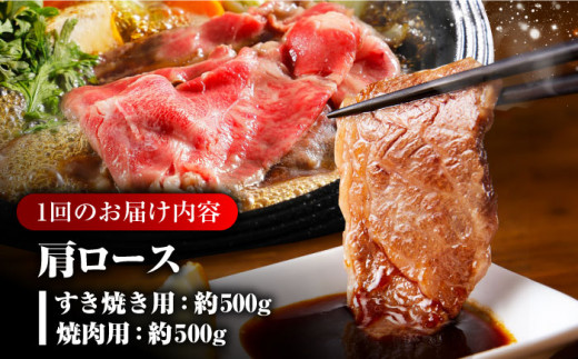 【月1回約1kg×6回定期便】長崎和牛 肩ロース（焼肉用＆すき焼き用）計6kg 長崎県/長崎県農協直販 [42ZZAA153]  肉 牛 和牛 ロース 焼肉 焼き肉 すき焼き 西海市 長崎 九州 定期便  牛肉  スライス バーベキュー BBQ 食べ比べ