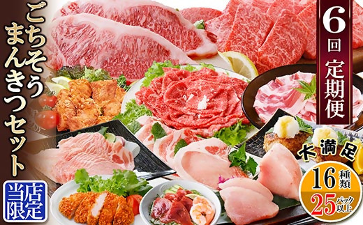 定期便6回配送 ＜当店限定＞ごちそうまんきつセット FF-6004_ 定期便 牛肉 かつお まぐろ 鮪 肉 ステーキ ロース 切り落とし たたき 焼肉 カジキ 鰹 黒豚 さつま揚げ 【1492208】