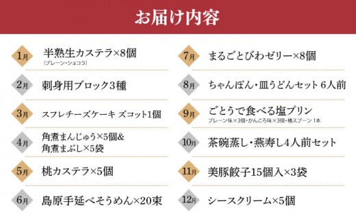 【全12回定期便】人気の返礼品集めました！長崎オールスター定期便B 長崎県 [42ZZZZ010] カステラ 刺身 魚 ヒラス ブリ スフレ チーズケーキ 角煮 まんじゅう 桃カステラ 手延べ そうめん びわ ゼリー 定期 コース バラエティ あとから 届く 小分け