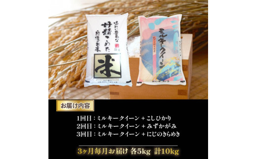 令和6年産 新米 定期便 10kg 全3回 ミルキークイーン  + 3品種 食べ比べ ( こしひかり みずかがみ にじのきらめき ) 白米 各 5㎏ × 2袋 3ヶ月 近江米  国産 お米 米 おこめ ごはん ご飯 白飯 しろめし こめ ゴハン 御飯 滋賀県産 竜王 ふるさと ランキング 人気 おすすめ