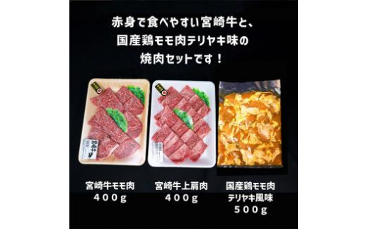 《内閣総理大臣賞受賞》大満足焼肉Tセット「宮崎牛モモ肉と上肩肉＆国産鶏モモ 合計1,300g」 [A5ランク A4等級 赤身肉 テリヤキ 照り焼き 鶏肉 『返礼品特集20000円以下』-宮崎県高原町 TF0578-P00012