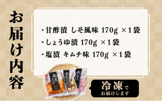 JAゆうき青森 謹製長いものお漬物3種セット（170g×各1袋）【国産 長芋 山芋 野菜 漬物 つけもの 詰め合わせ セット お弁当 おかず おつまみ ご飯のお供 食べ比べ 贈り物 ギフト 青森県 七戸町 送料無料】【02402-0305】