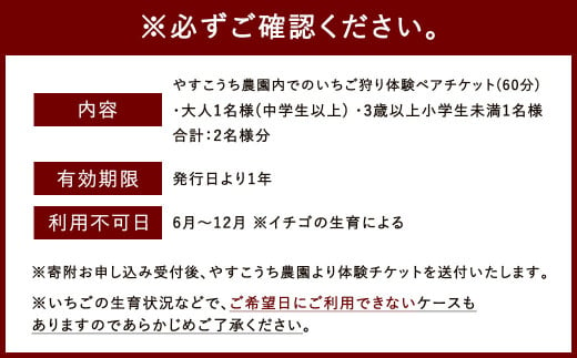 いちご狩り 食べ放題ペアチケット60分(大人1名+3歳以上小学生未満1名) 