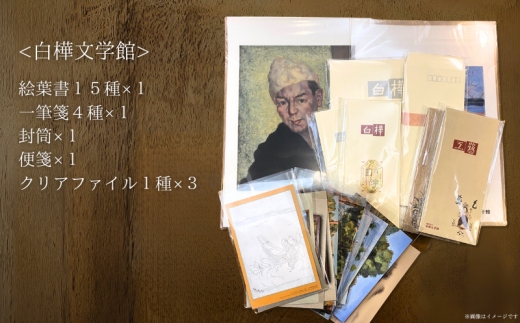 白樺文学館グッズ 5点 & 3館共通券セット 絵葉書 一筆箋 封筒 便箋 等