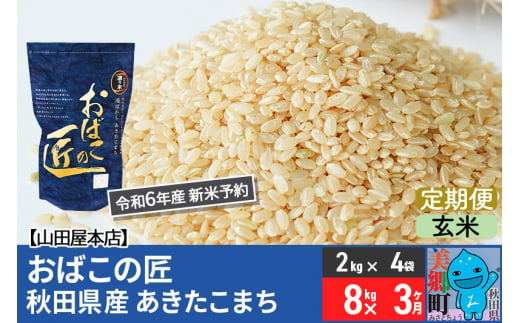 【玄米】＜令和6年産 新米予約＞《定期便3ヶ月》おばこの匠 秋田県産あきたこまち 8kg×3回 計24kg 3か月 3ヵ月 3カ月 3ケ月 秋田こまち お米