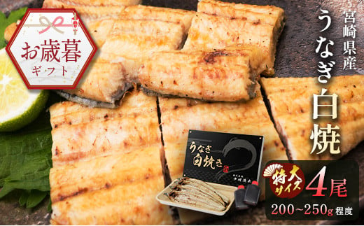 お歳暮対応「玄人の一品」うなぎ 白焼き ギフト 4尾（200～250g/1尾あたり) 宮崎県産鰻 蒲焼きタレ付（50ml×2本）配送日指定可 国産 有頭 熨斗 贈答品【N40】