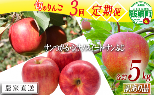 【令和6年度先行予約】 3種のりんご 定期便 訳あり5kg × 3回  宮本ファーム 沖縄県への配送不可《 サンつがる シナノスイート サンふじ 》 先行予約 リンゴ 林檎 訳アリ わけあり 不揃い 果物 くだもの フルーツ 長野県産 長野 信州  2024年9月上旬頃から12月下旬頃まで順次発送予定 長野県 飯綱町 [1823]